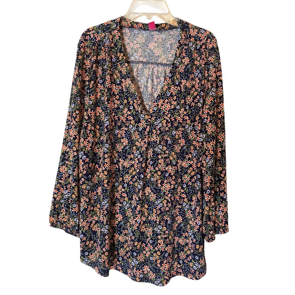 Vince Camuto Floral V-Neck Long Sleeve Blouse Navy Orange Green Blue Large